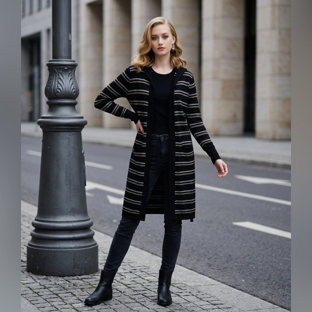 NWT Chaser Belted Metallic Striped Hooded Cardigan
